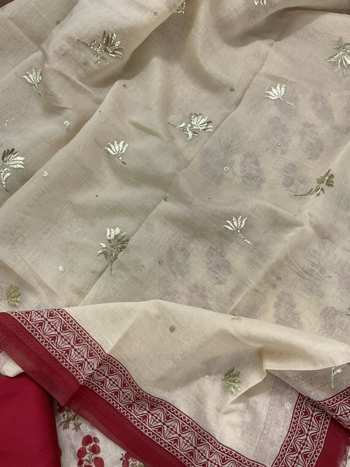 Pure Chanderi Printed Embroidered Suit - Cream