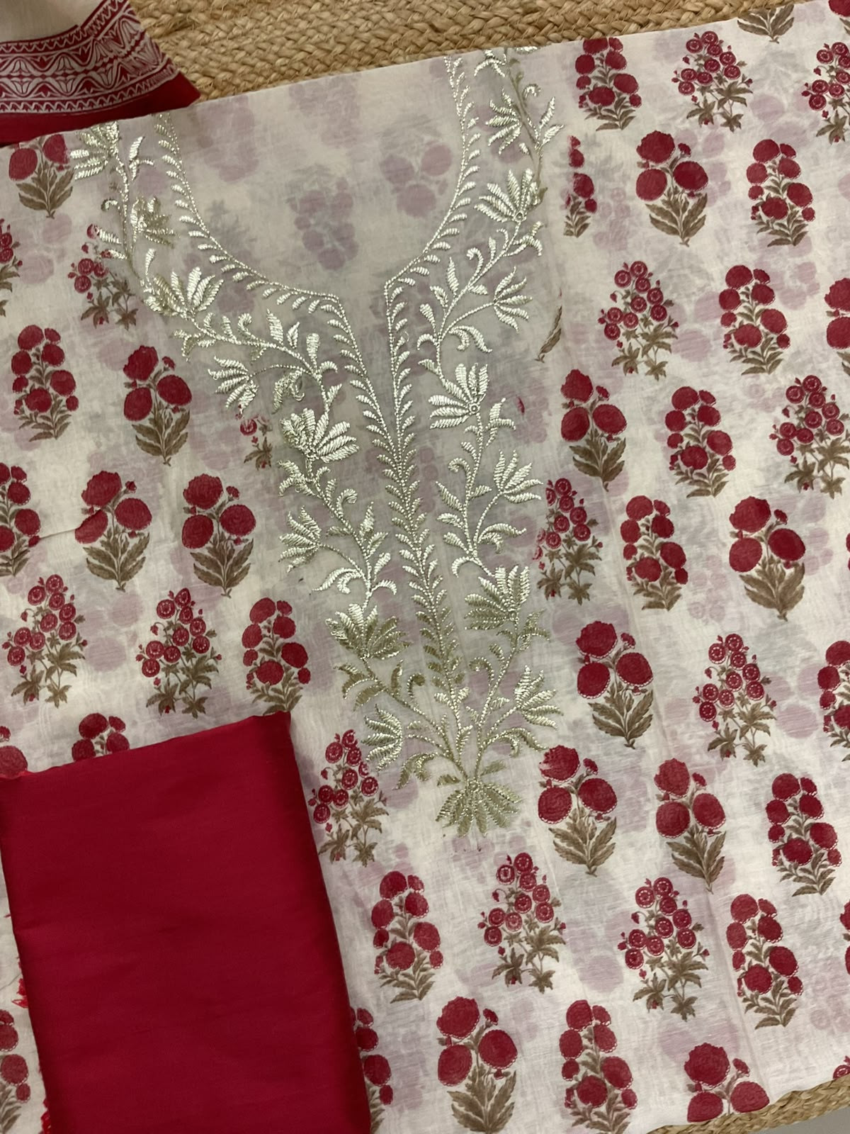 Pure Chanderi Printed Embroidered Suit - Cream