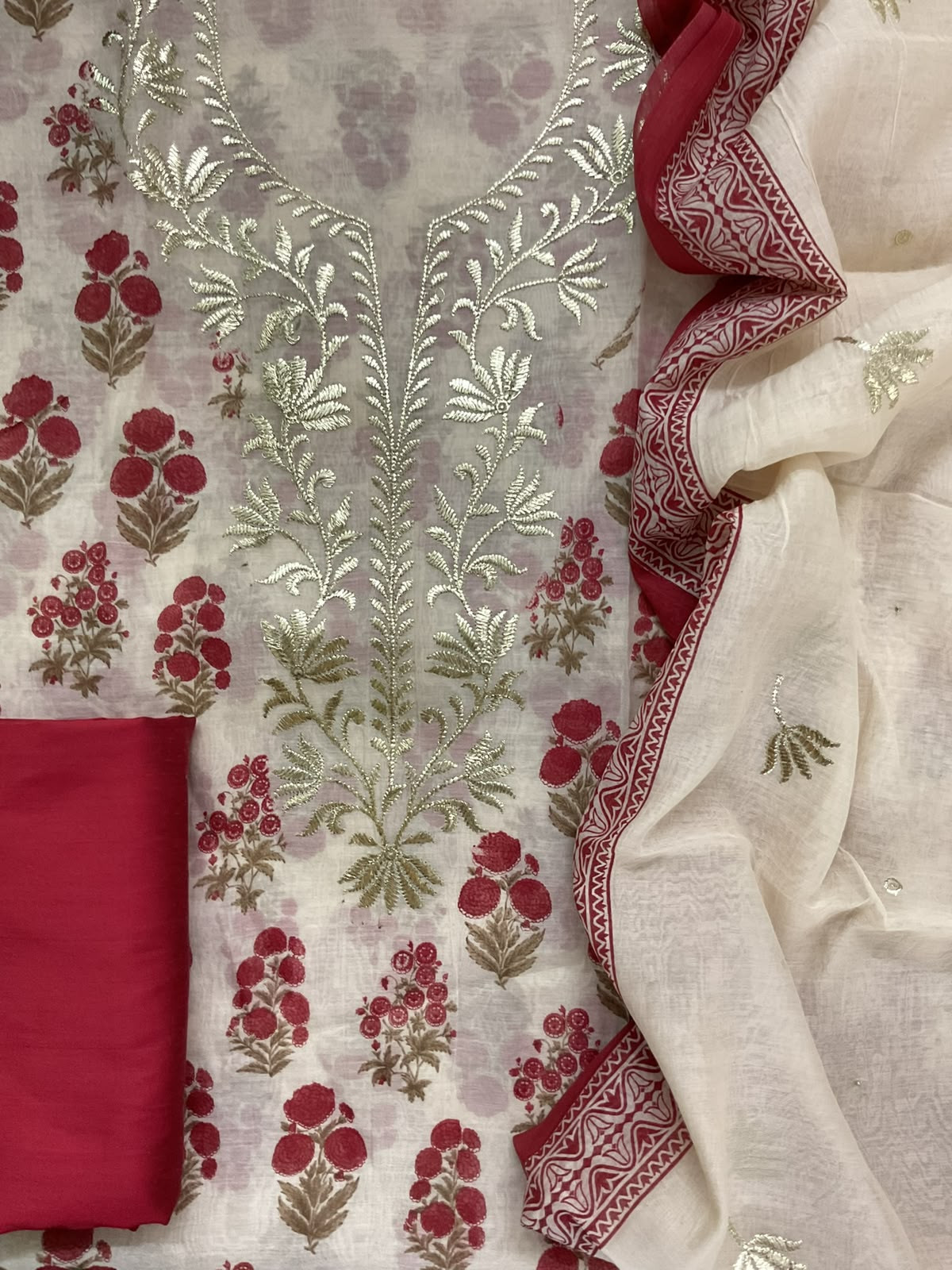 Pure Chanderi Printed Embroidered Suit - Cream