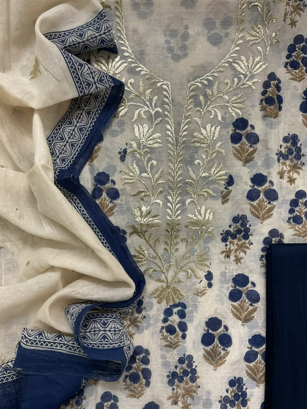 Pure Chanderi Printed Embroidered Suit - Cream