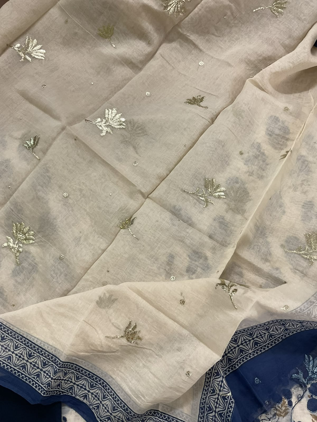 Pure Chanderi Printed Embroidered Suit - Cream