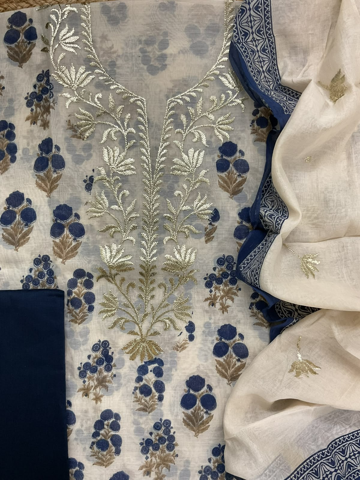 Pure Chanderi Printed Embroidered Suit - Cream