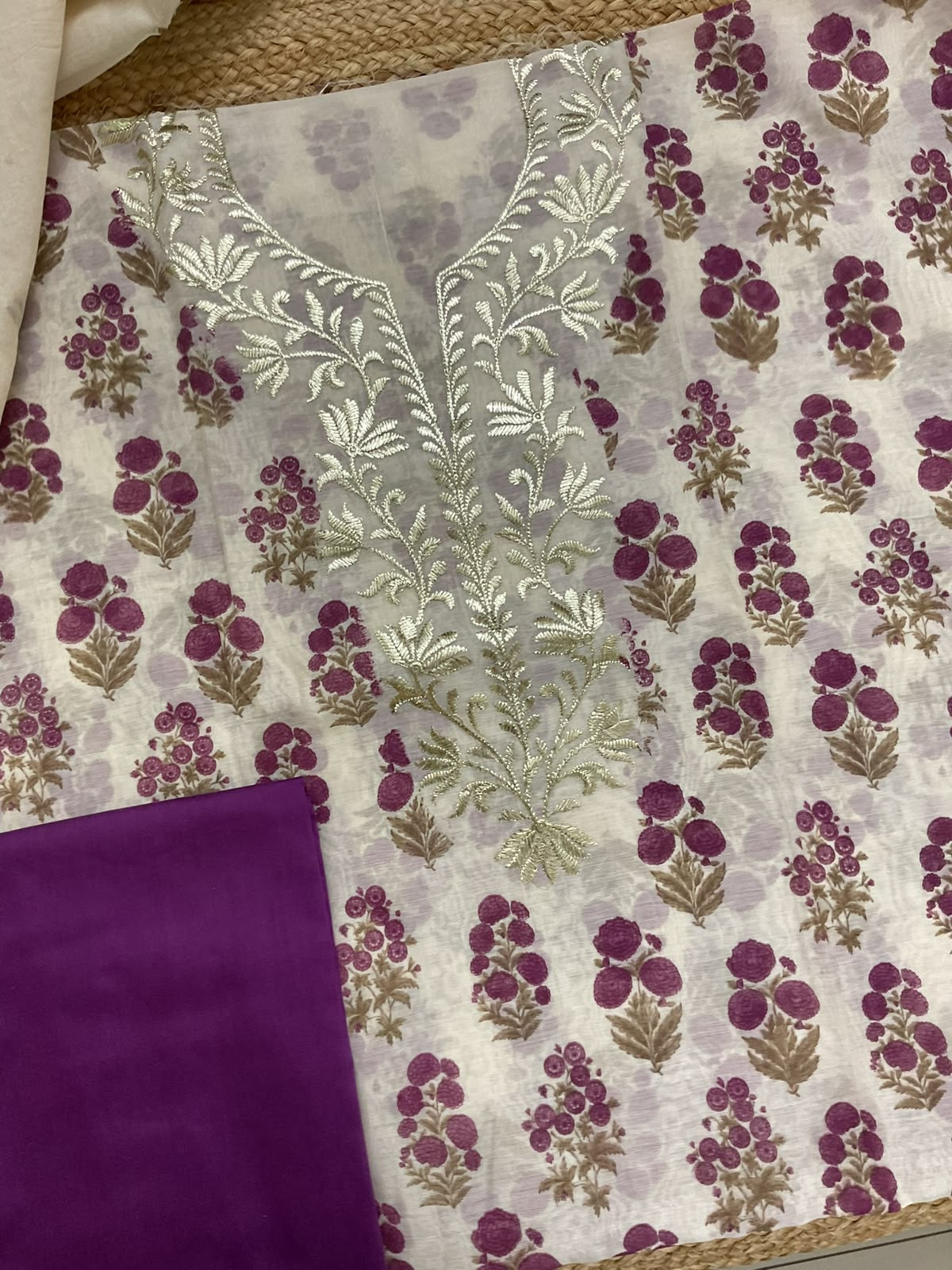 Pure Chanderi Printed Embroidered Suit - Cream