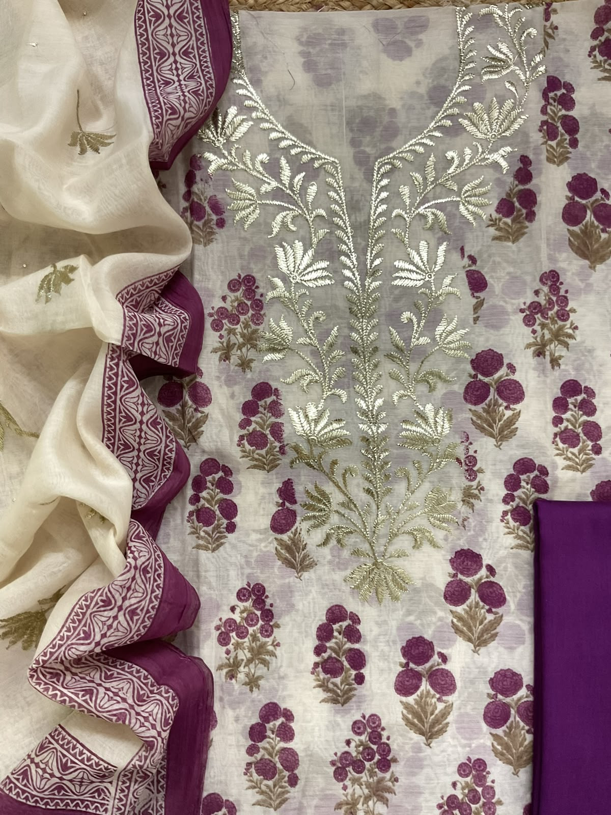 Pure Chanderi Printed Embroidered Suit - Cream