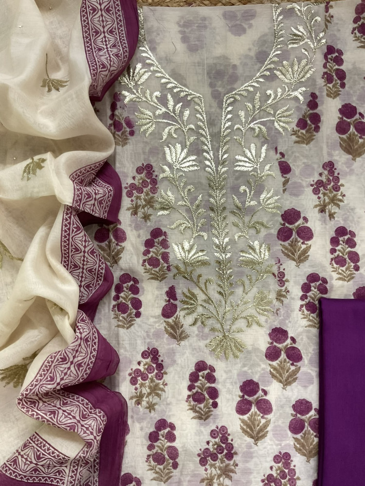 Image of Pure Chanderi Printed Embroidered Suit - Cream