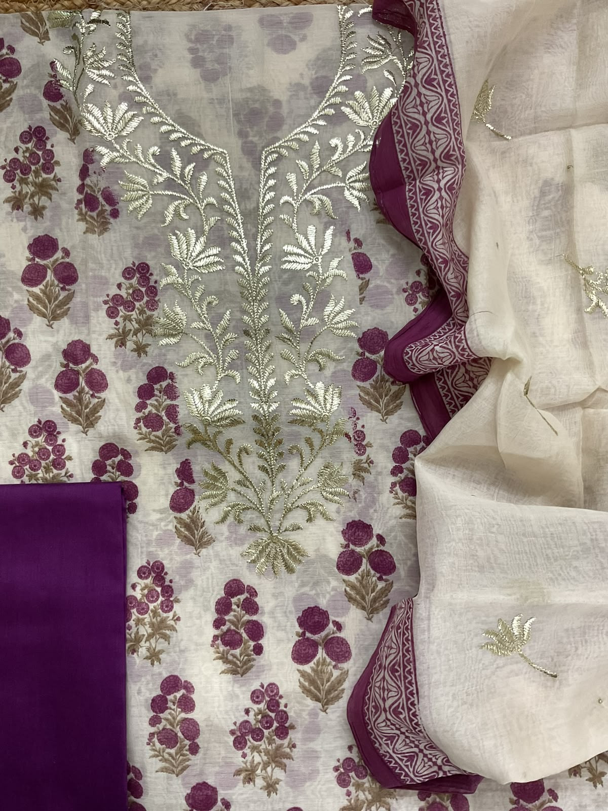 Pure Chanderi Printed Embroidered Suit - Cream