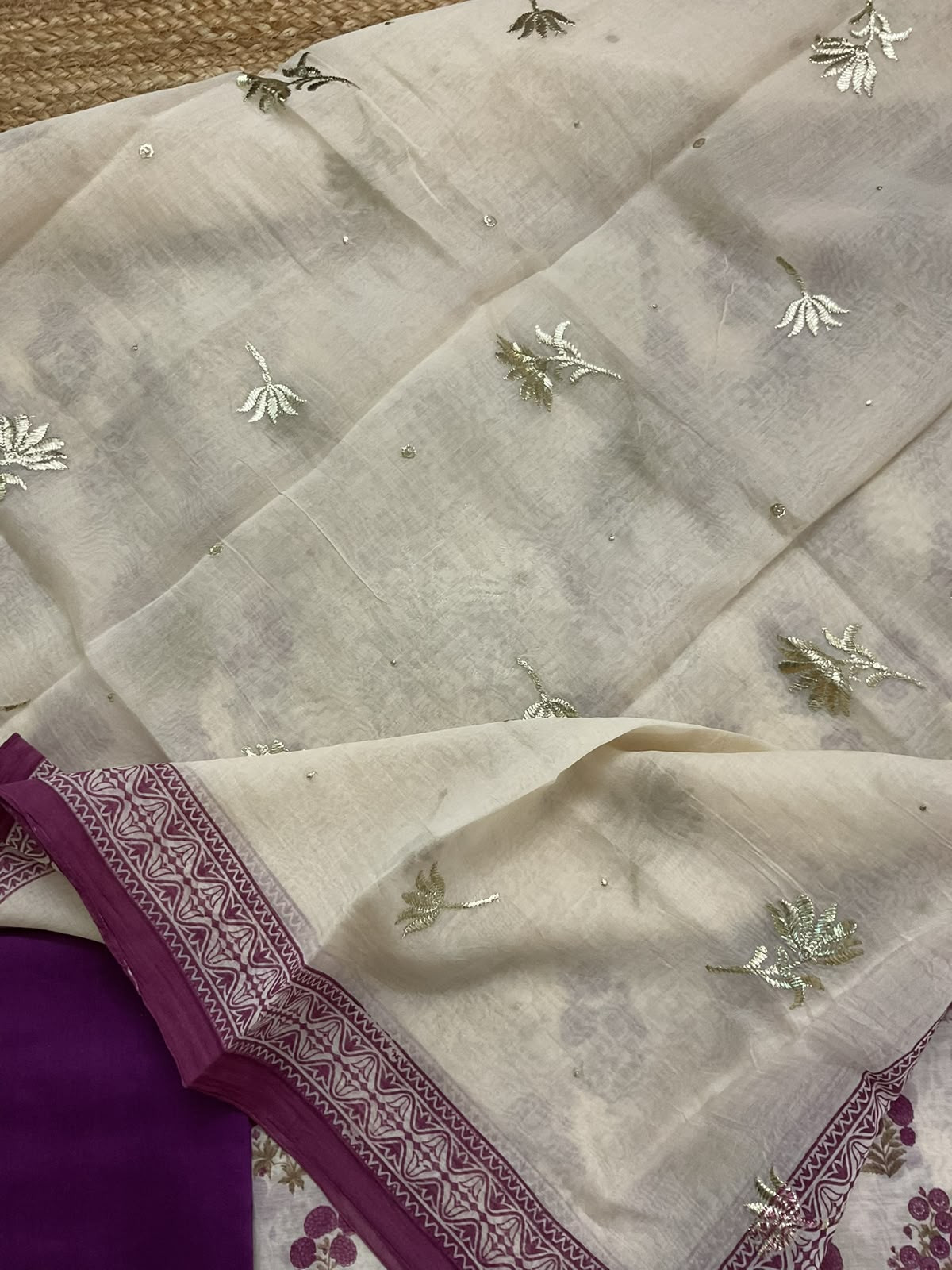 Pure Chanderi Printed Embroidered Suit - Cream