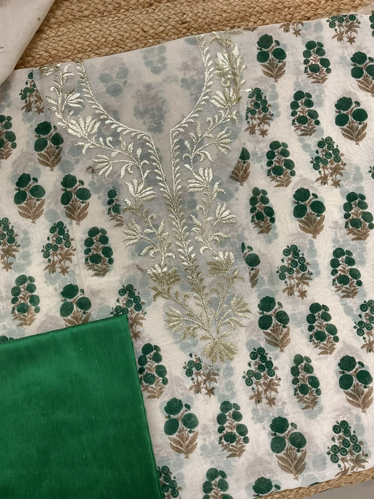 Pure Chanderi Printed Embroidered Suit - Cream
