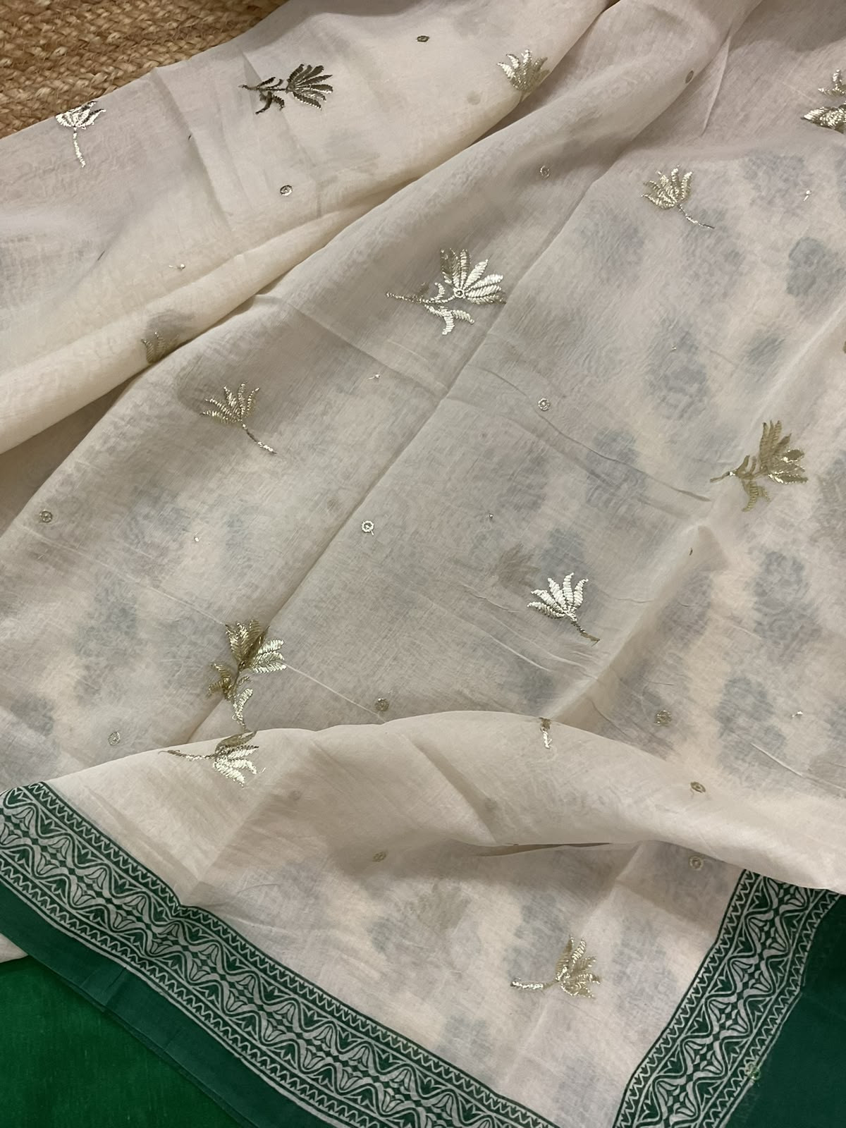 Pure Chanderi Printed Embroidered Suit - Cream