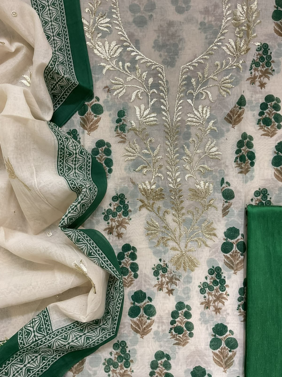 Pure Chanderi Printed Embroidered Suit - Cream