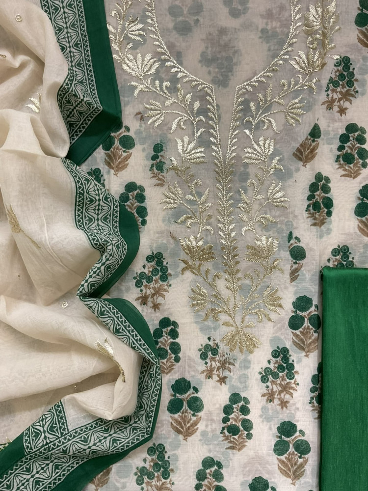 Image of Pure Chanderi Printed Embroidered Suit - Cream