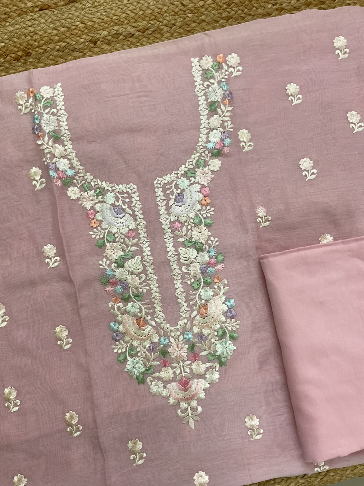 Pure Mul Chanderi Embroidered Suit - Pink