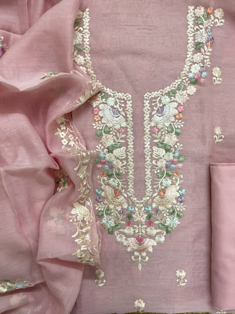 Image of Pure Mul Chanderi Embroidered Suit - Pink
