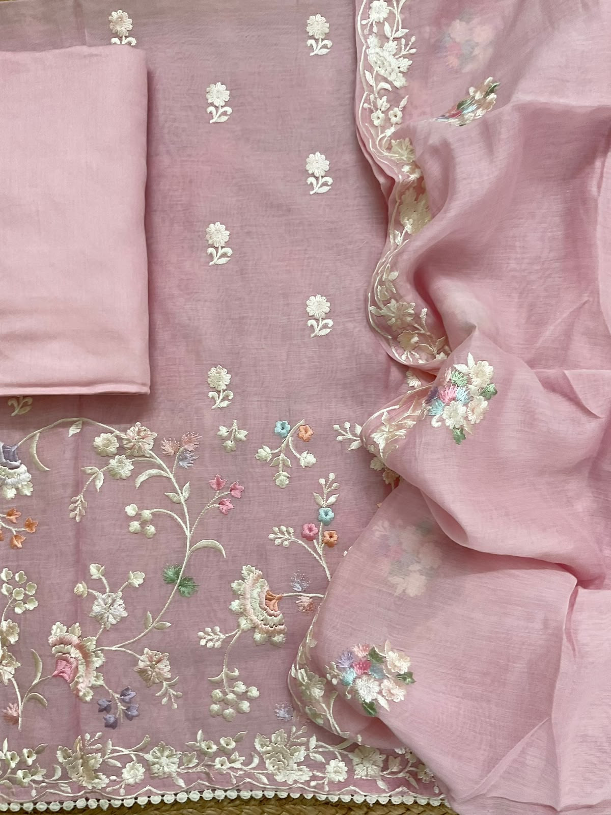 Pure Mul Chanderi Embroidered Suit - Pink