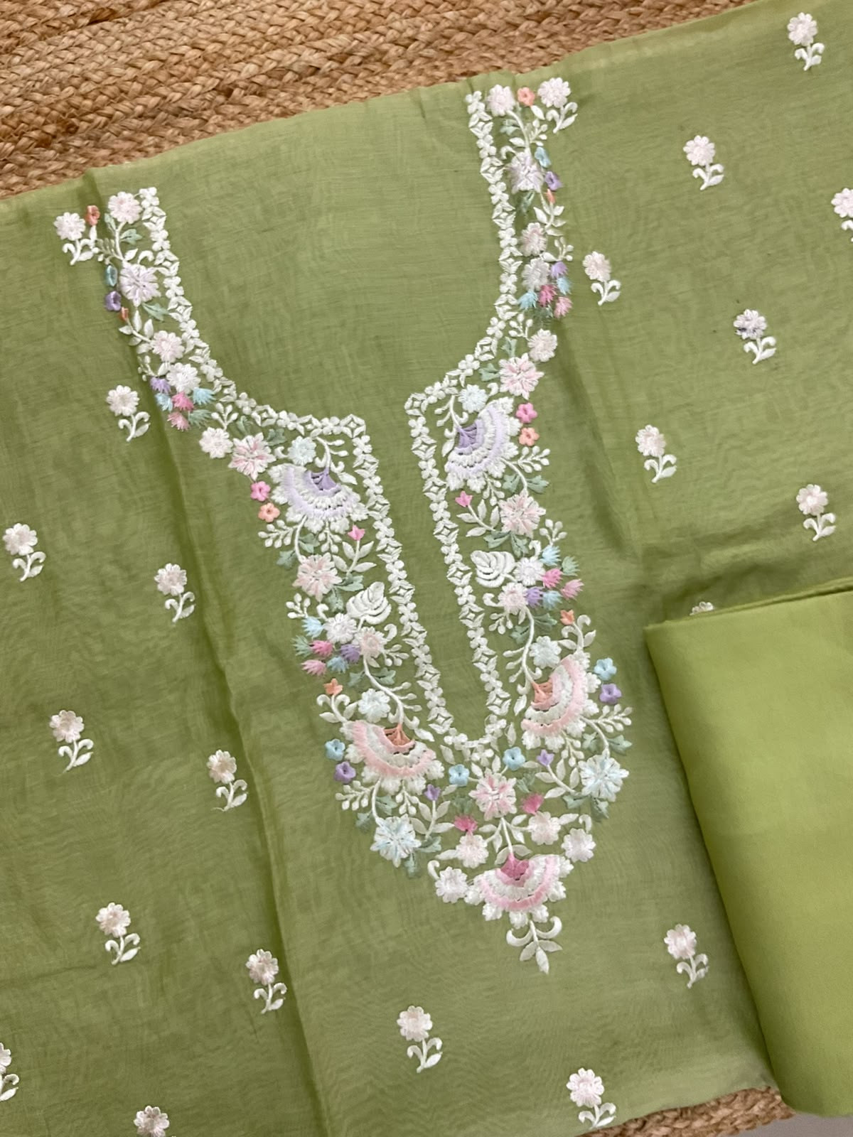 Pure Mul Chanderi Embroidered Suit - Green