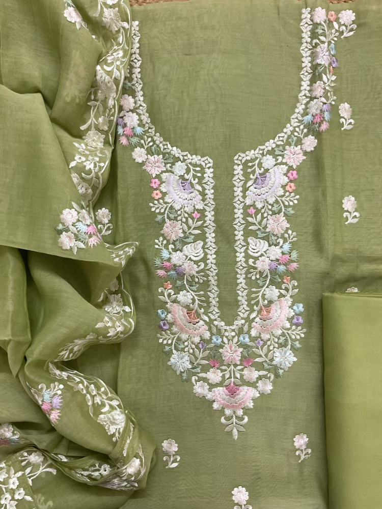 Image of Pure Mul Chanderi Embroidered Suit - Green