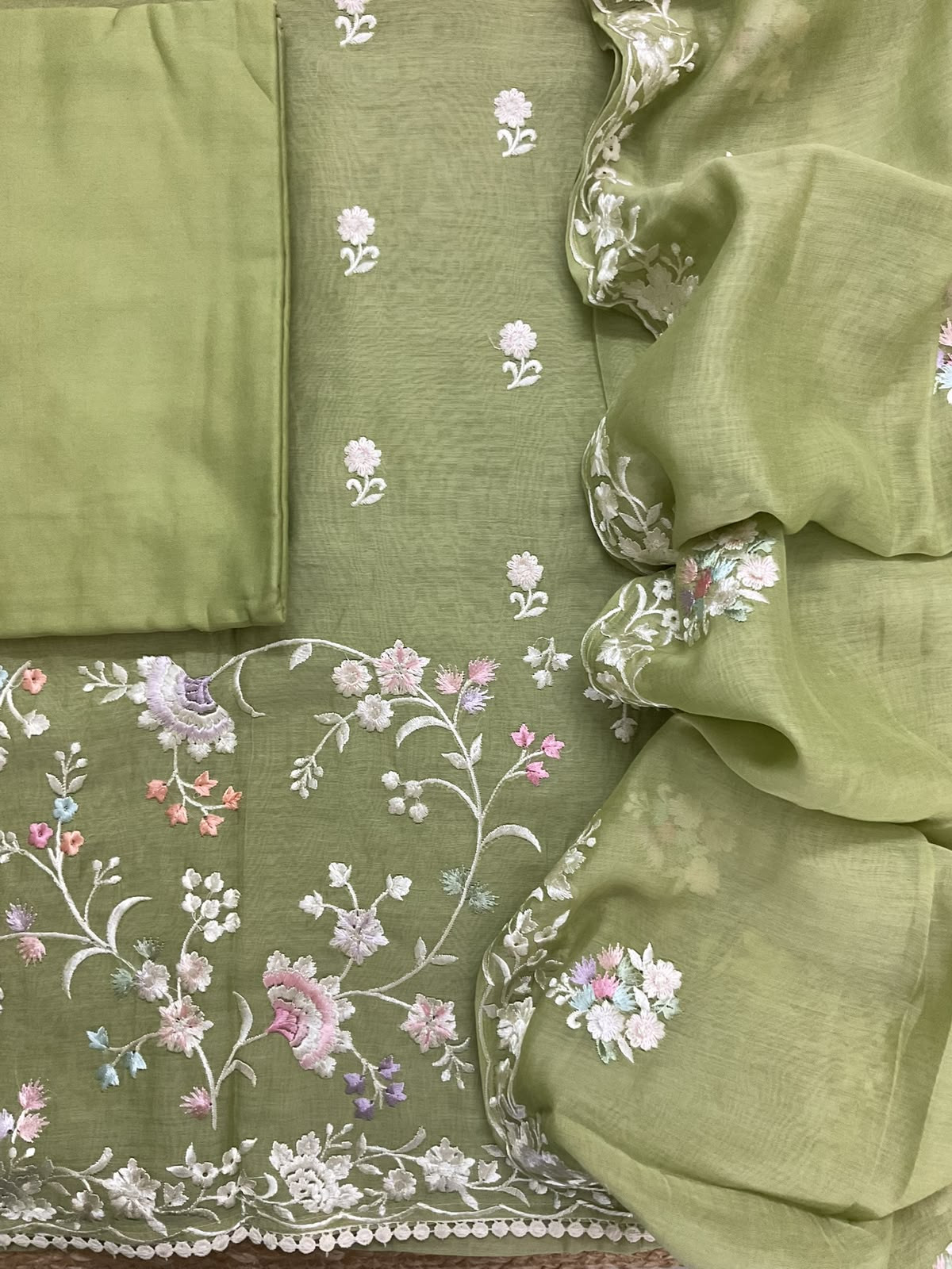 Pure Mul Chanderi Embroidered Suit - Green