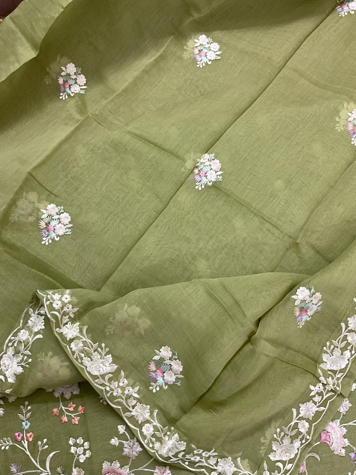 Pure Mul Chanderi Embroidered Suit - Green