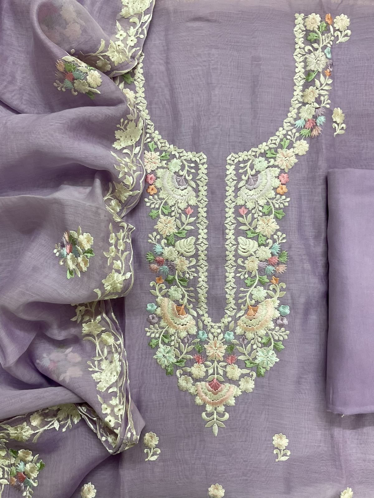 Pure Mul Chanderi Embroidered Suit - Lavender