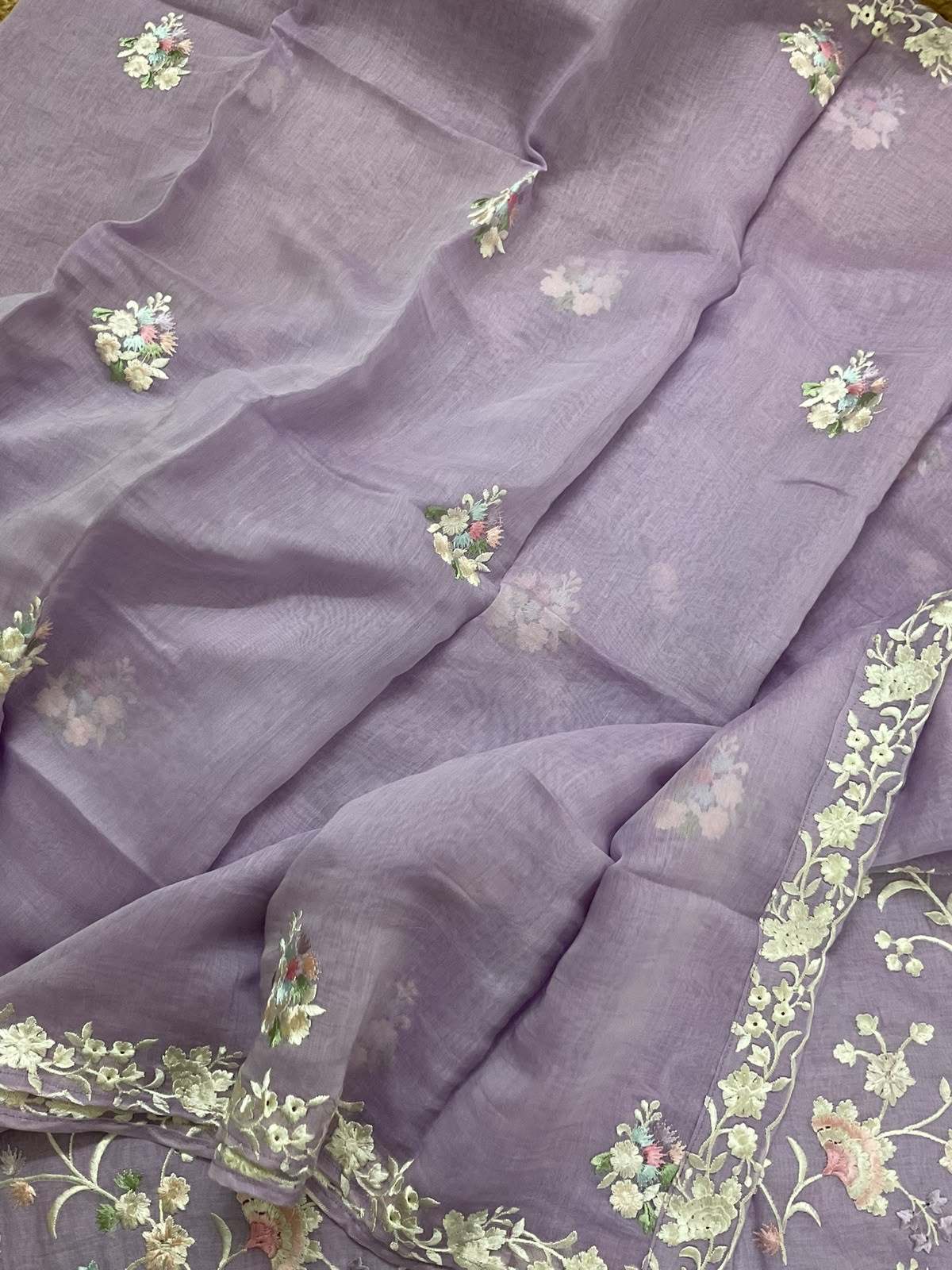 Pure Mul Chanderi Embroidered Suit - Lavender