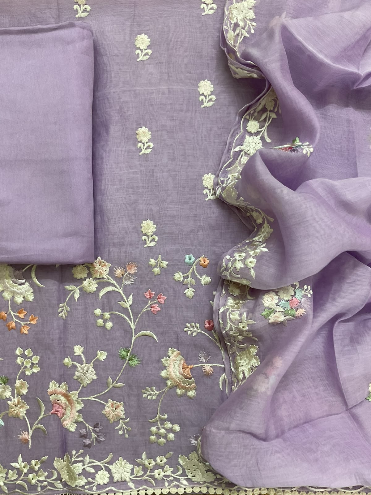 Pure Mul Chanderi Embroidered Suit - Lavender