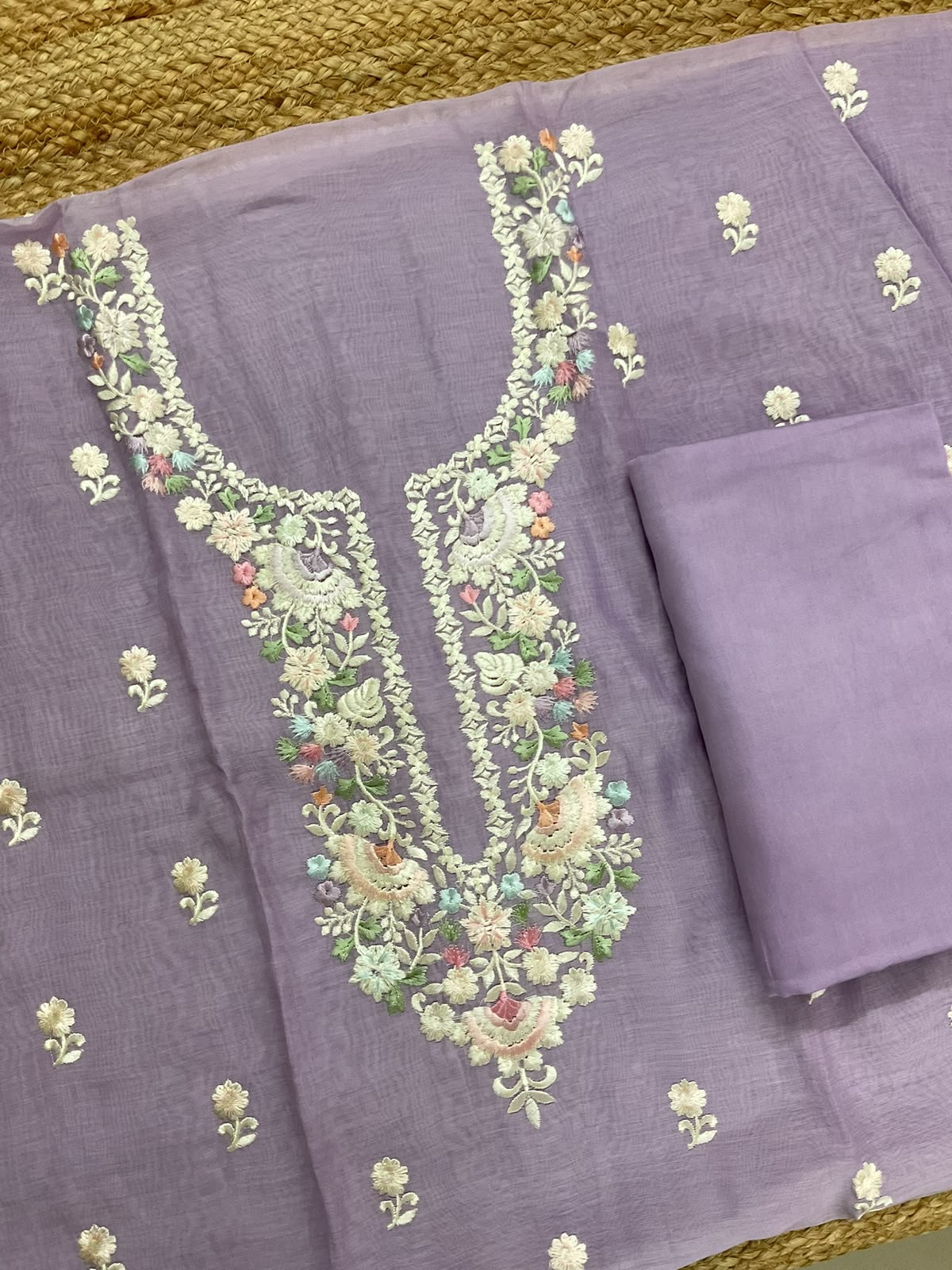 Pure Mul Chanderi Embroidered Suit - Lavender