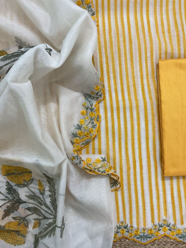 Image of Pure Chanderi Printed Embroidered Suit - Yellow