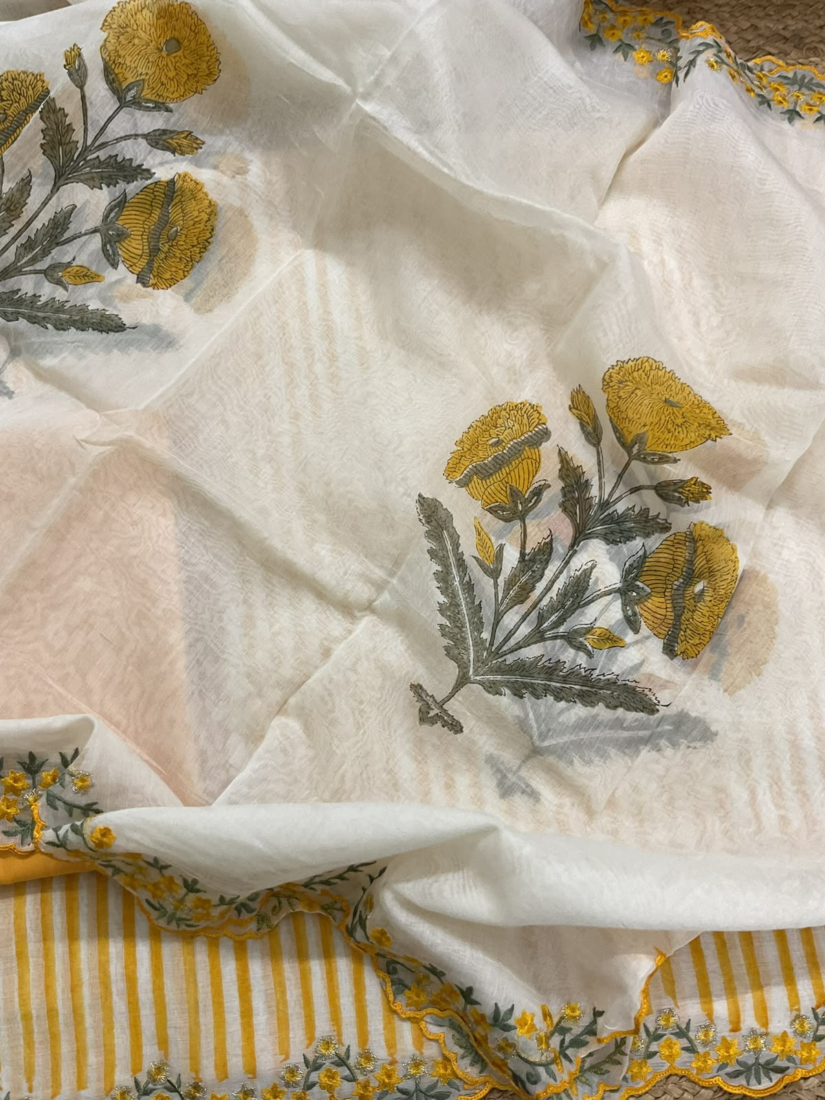 Pure Chanderi Printed Embroidered Suit - Yellow