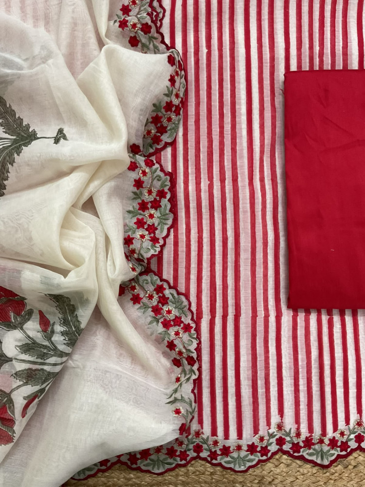 Image of Pure Chanderi Printed Embroidered Suit - Red