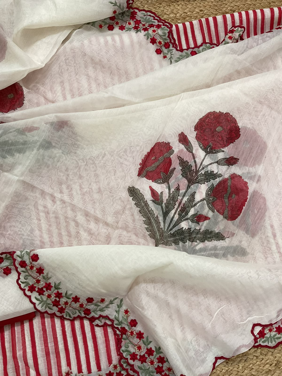 Pure Chanderi Printed Embroidered Suit - Red