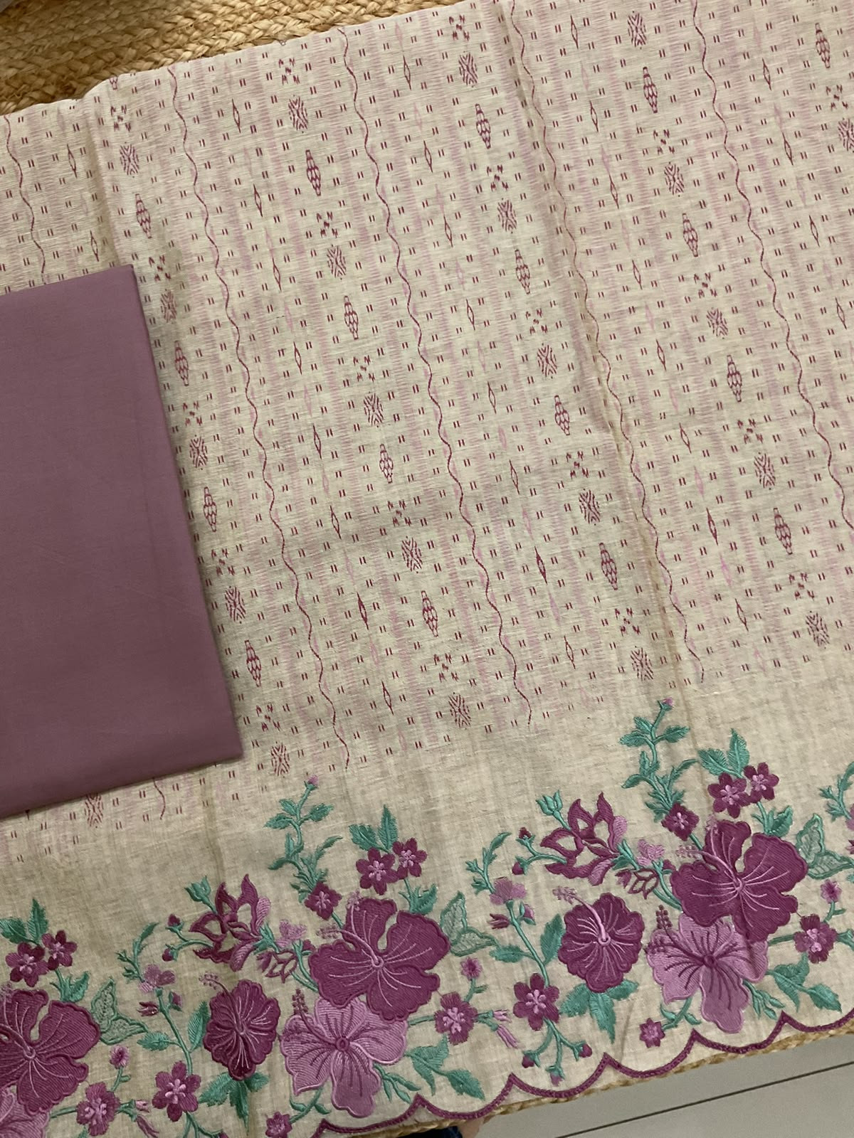Pure Slub Chanderi Printed Embroidered Suit - Beige