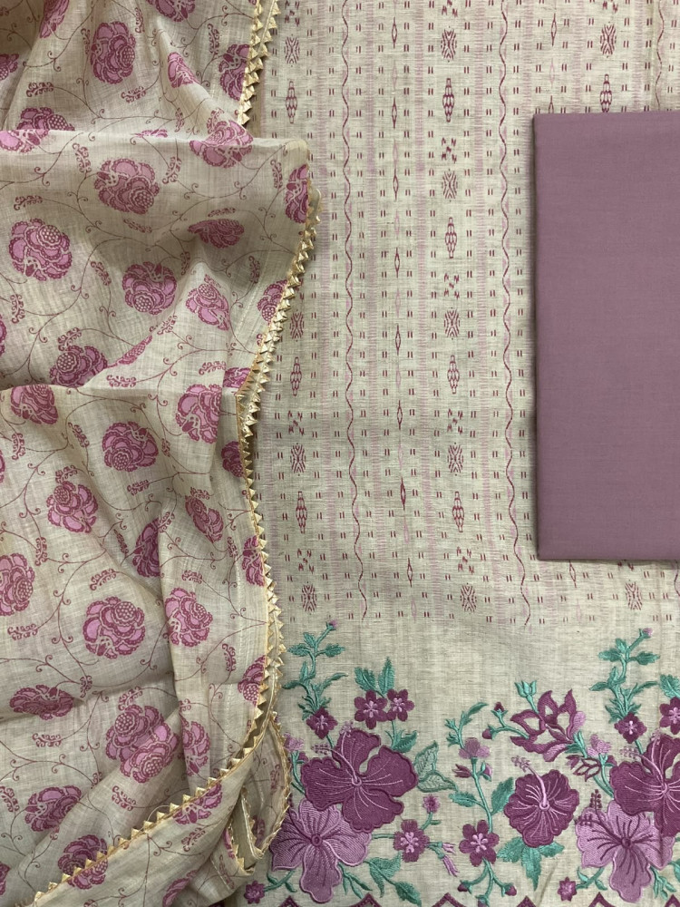 Image of Pure Slub Chanderi Printed Embroidered Suit - Beige