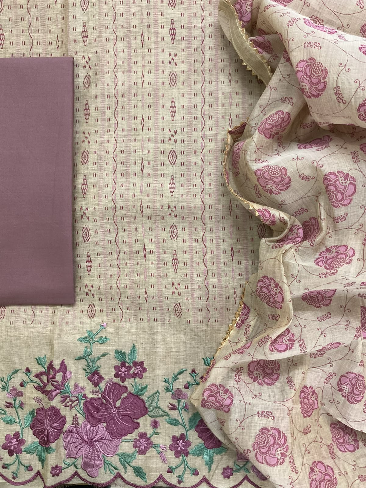 Pure Slub Chanderi Printed Embroidered Suit - Beige