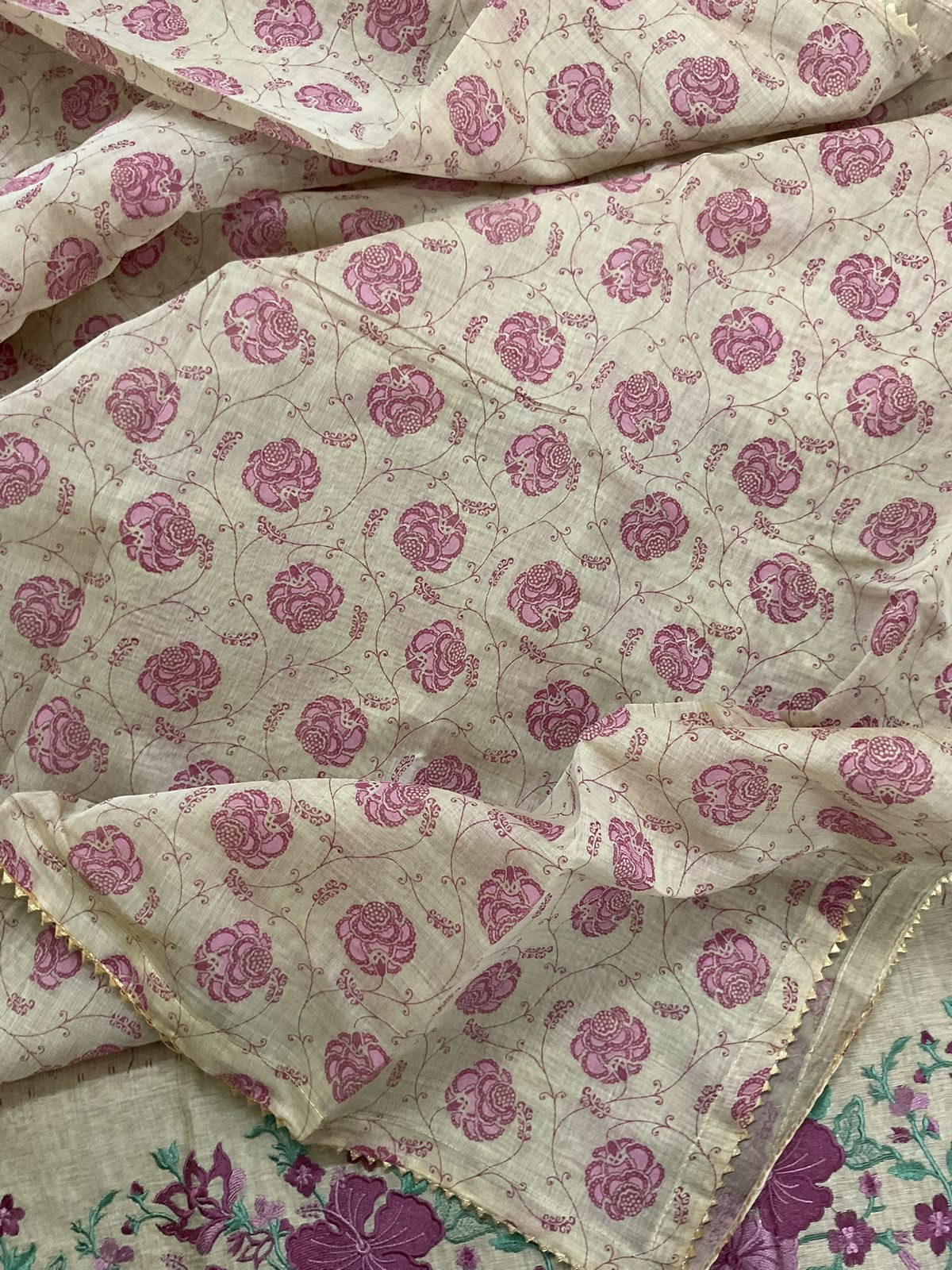 Pure Slub Chanderi Printed Embroidered Suit - Beige