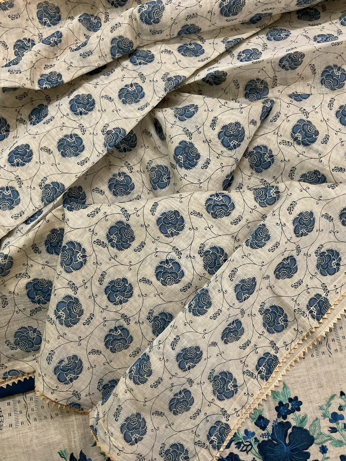 Pure Slub Chanderi Printed Embroidered Suit - Beige
