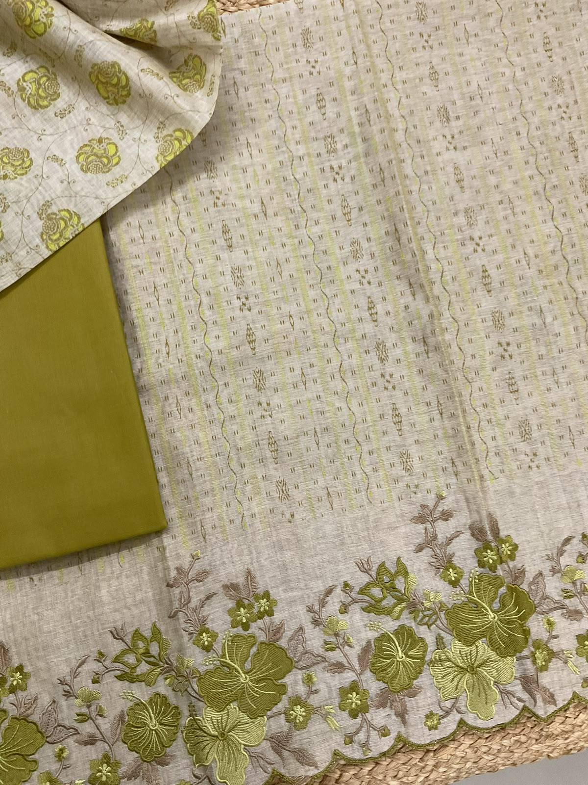 Pure Slub Chanderi Printed Embroidered Suit - Beige