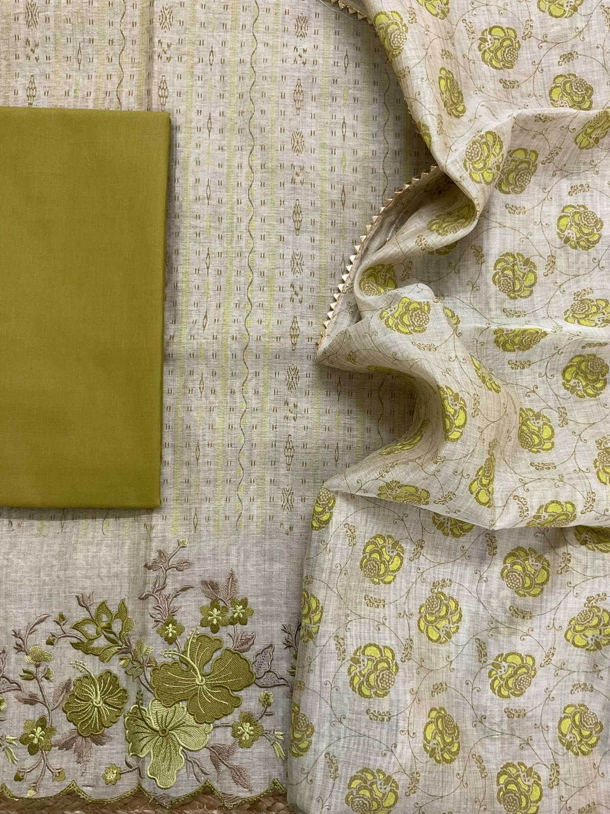 Pure Slub Chanderi Printed Embroidered Suit - Beige