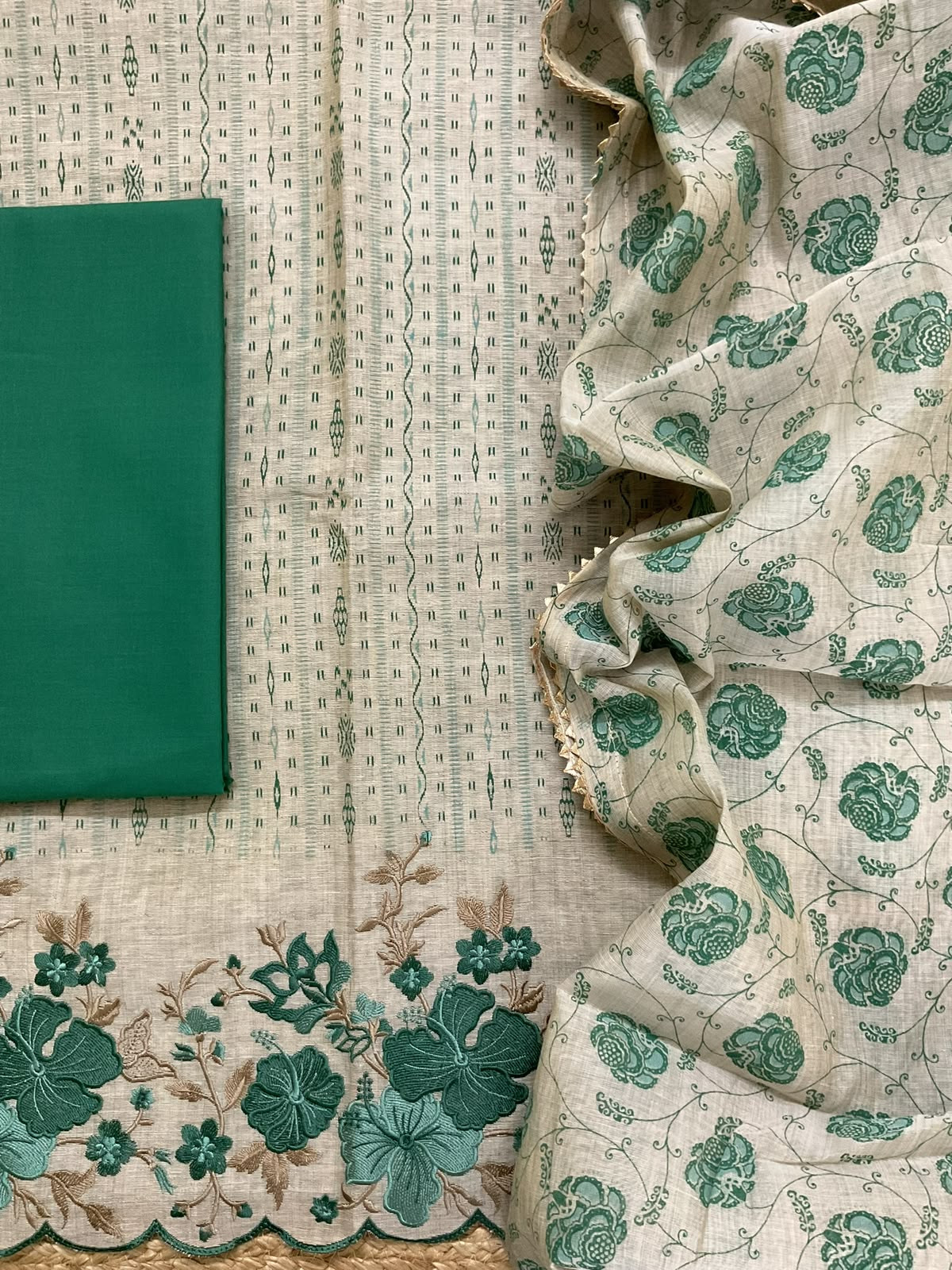 Pure Slub Chanderi Printed Embroidered Suit - Beige