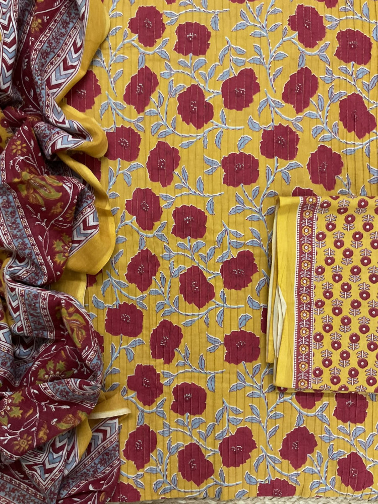 Image of Pure Cotton Printed Pintucks Work Suit - Yellow