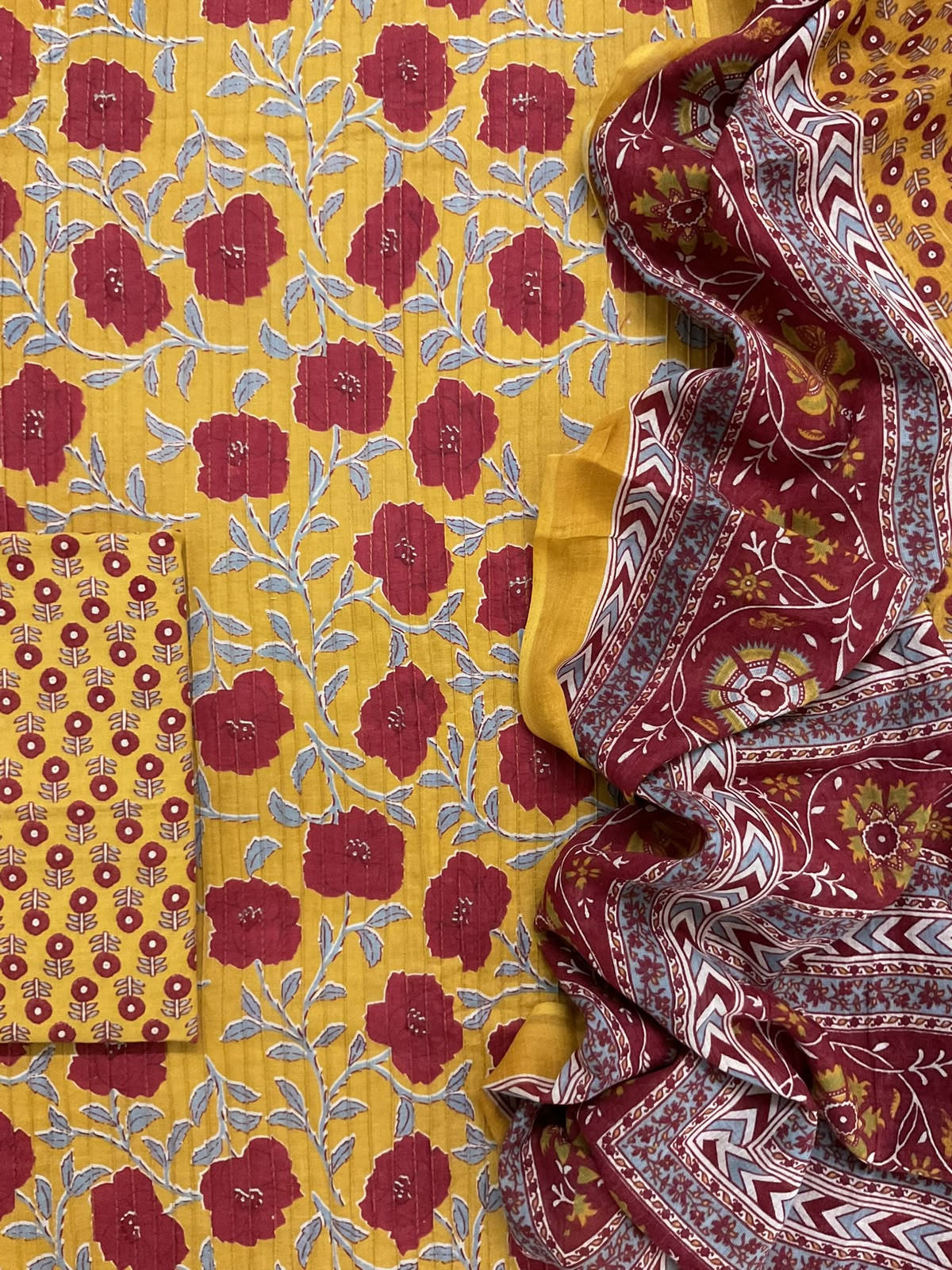 Pure Cotton Printed Pintucks Work Suit - Yellow