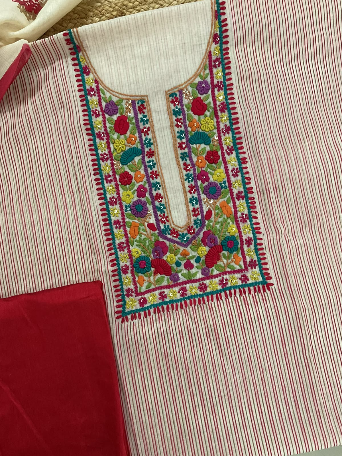 Pure Chanderi Printed Embroidered Suit - Red