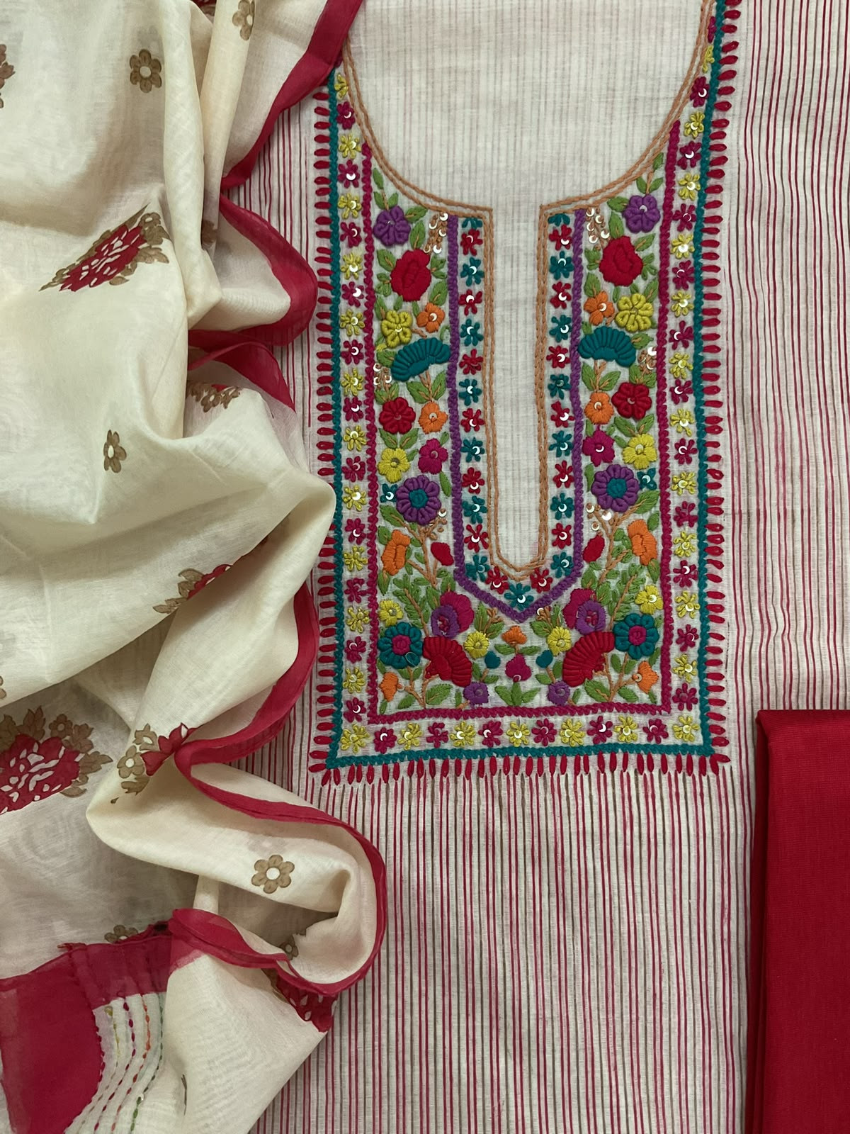 Pure Chanderi Printed Embroidered Suit - Red
