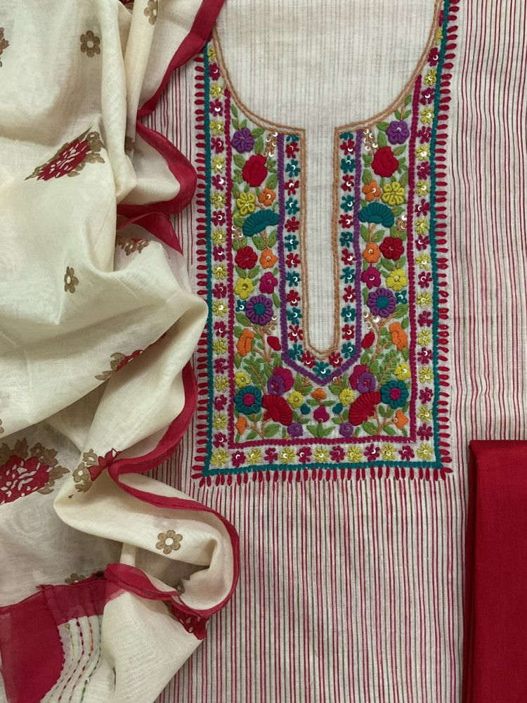 Image of Pure Chanderi Printed Embroidered Suit - Red
