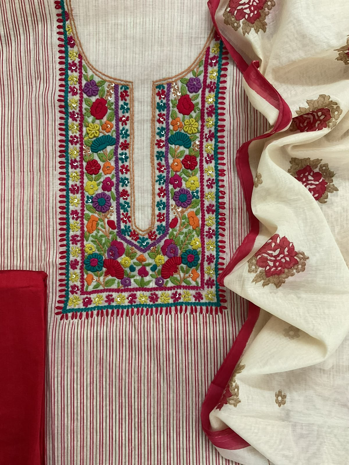 Pure Chanderi Printed Embroidered Suit - Red