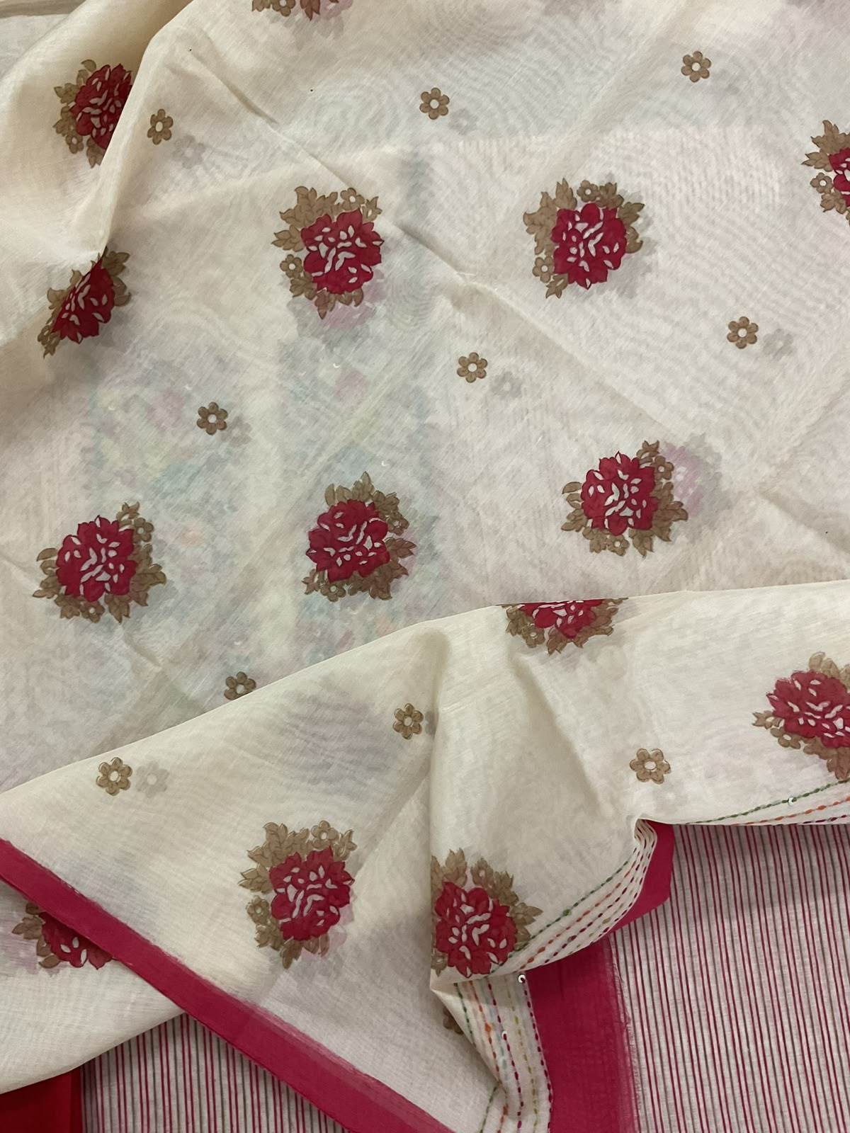 Pure Chanderi Printed Embroidered Suit - Red