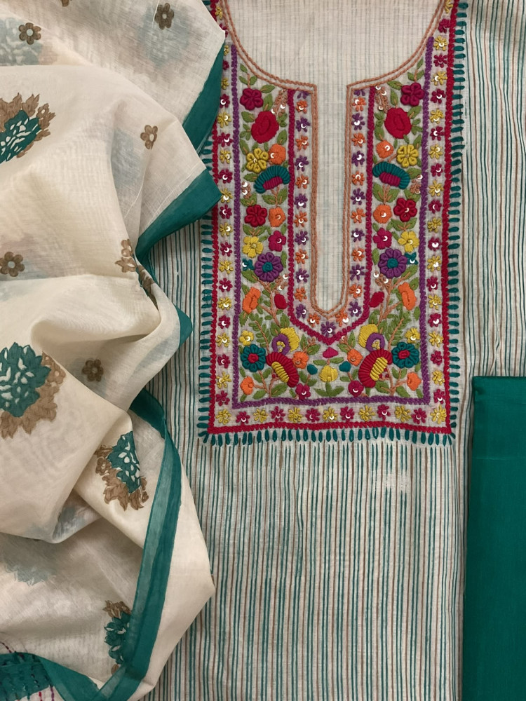 Image of Pure Chanderi Printed Embroidered Suit - Green