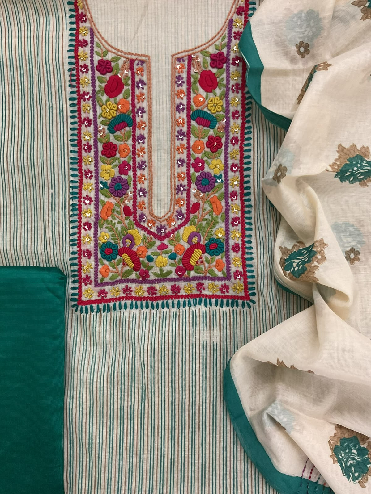 Pure Chanderi Printed Embroidered Suit - Green