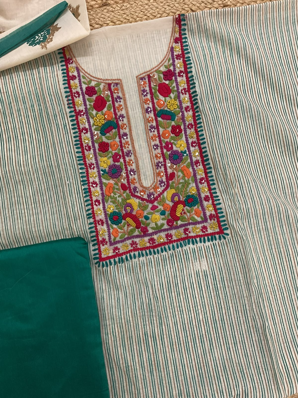 Pure Chanderi Printed Embroidered Suit - Green