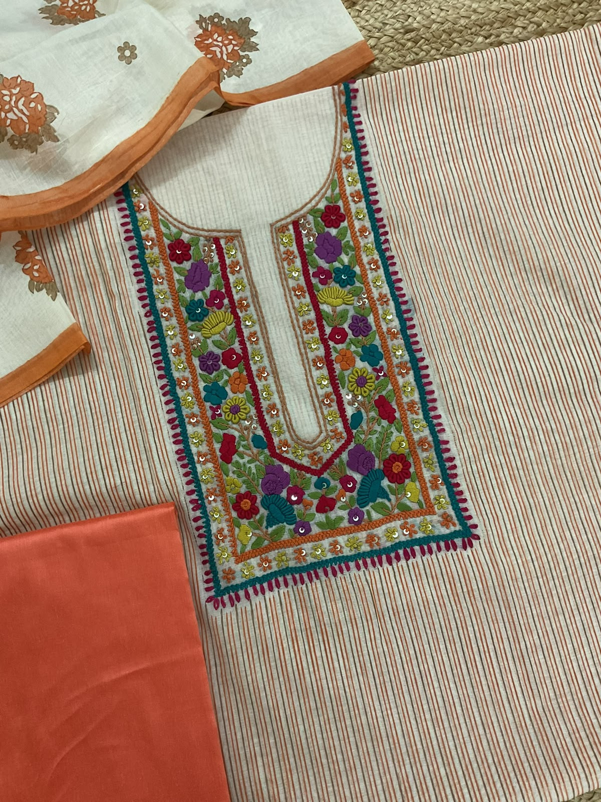 Pure Chanderi Printed Embroidered Suit - Orange