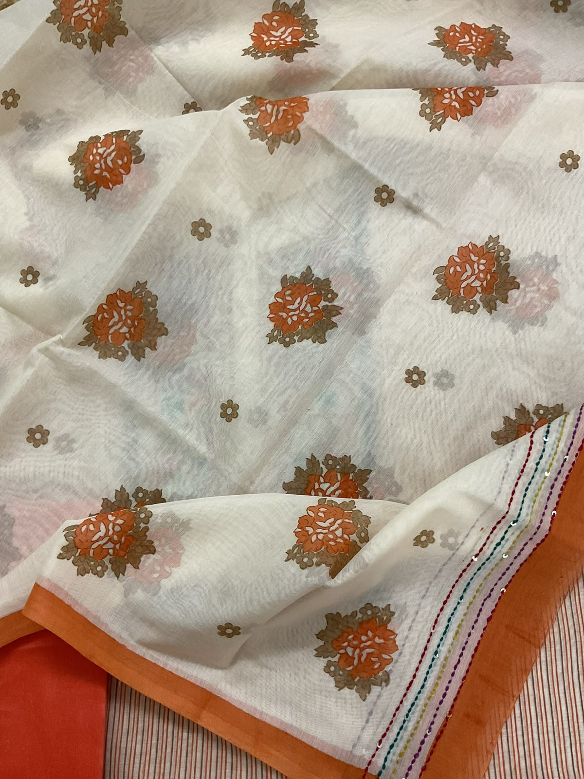 Pure Chanderi Printed Embroidered Suit - Orange